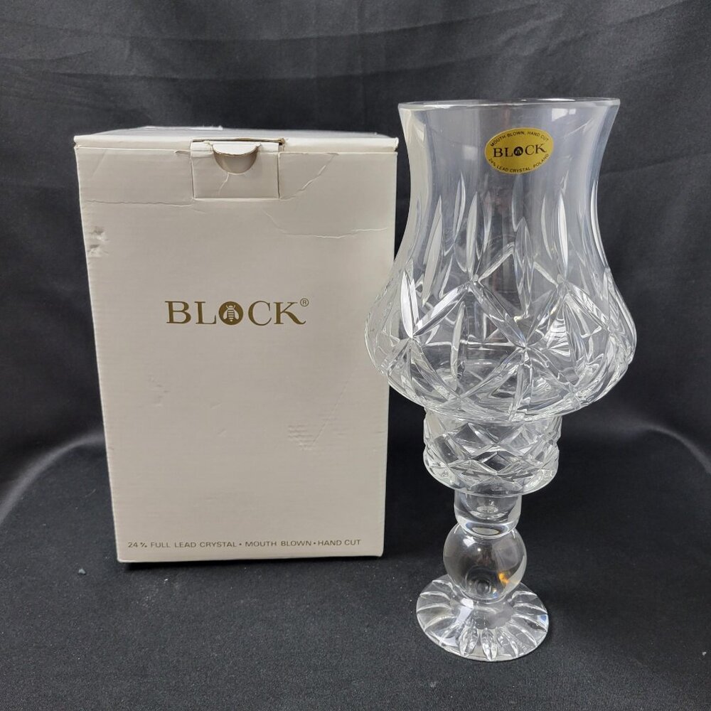 Block Crystal Olympic Footed 2 pc Hurricane Lamp Candleholder Hand Cut 11 5/8"